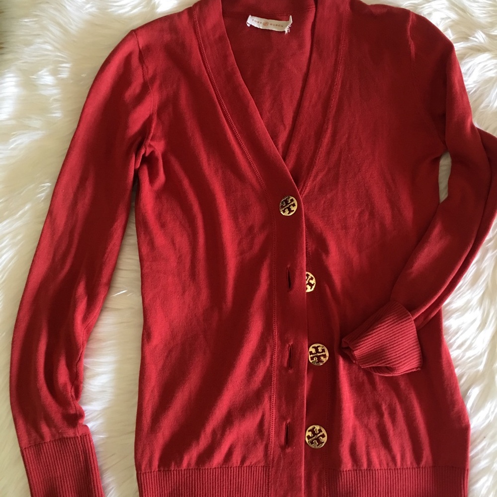 Tory Burch Simone V-neck Cardigan w/logo buttons